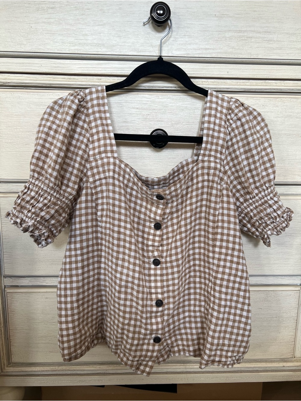 Madewell Brown and White Gingham Puff-Sleeve Button Top